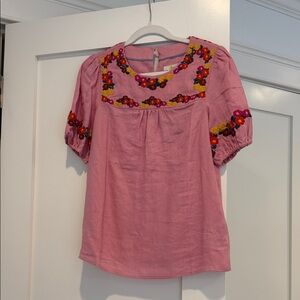 Boden Pink Blouse with Colorful Embroidery